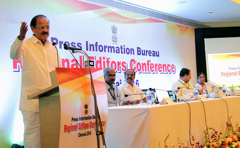 The Union Minister for Urban Development, Housing & Urban Poverty Alleviation and Information & Broadcasting, Mr. M. Venkaiah Naidu delivering the inaugural address at the Regional Editors’ Conference, organised by the Press Information Bureau, in Chennai on September 01, 2016. The Minister for Information& Publicity, Tamil Nadu, Mr. Kadambur Raju, the Director General (M&C), Press Information Bureau, Mr. A.P. Frank Noronha, the ADG, PIB, New Delhi, Ms. Ira Joshi and the ADG, PIB, Chennai, Mr. Muthu Kumar are also seen.