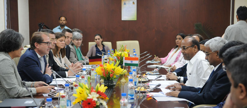 A German delegation led by the Federal Minister of Transport and Digital Infrastructure of the Federal Republic of Germany, Mr. Alexander Dobrindt meeting the Union Minister for Heavy Industries and Public Enterprises, Mr. Anant Geete, in New Delhi on October 14, 2016.
