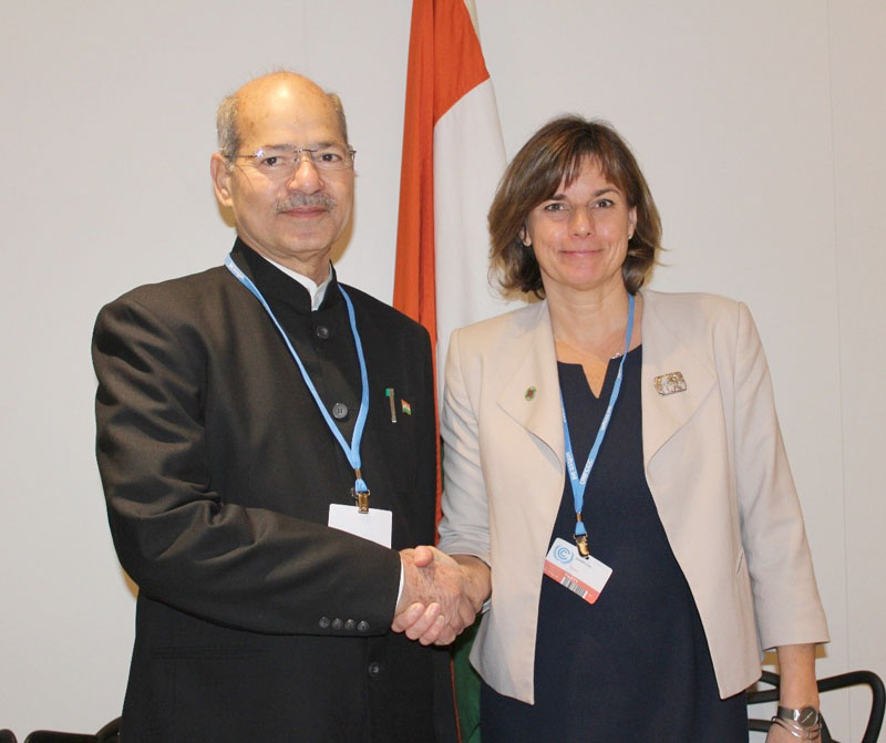 The Minister of State for Environment, Forest and Climate Change (Independent Charge), Mr. Anil Madhav Dave and the Swedish Minister for International Development Cooperation & Climate and Deputy Prime Minister, Ms. Isabella Lovin at a bilateral meeting at COP 22, in Marrakech, Morocco on November 17, 2016.