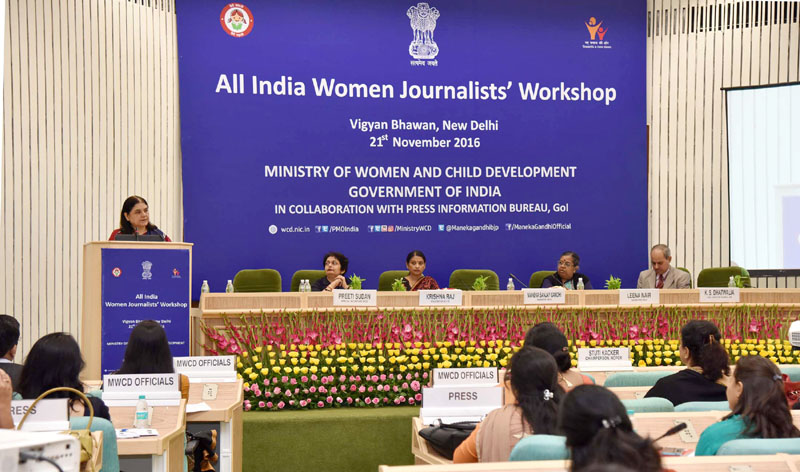 The Union Minister for Women and Child Development, Mrs. Maneka Sanjay Gandhi at the inauguration of the All India Women Journalists’ Workshop, in New Delhi on November 21, 2016. The Minister of State for Women and Child Development, Mrs. Krishna Raj and the Secretary, Ministry of Women and Child Development, Ms. Leena Nair are also seen.