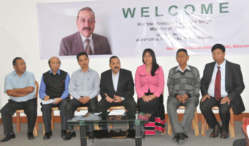 The Minister of State for Development of North Eastern Region (I/C), Prime Minister's Office, Personnel, Public Grievances & Pensions, Department of Atomic Energy, Department of Space, Dr. Jitendra Singh briefing the media persons at Lengpui Airport, in Aizawl on November 23, 2015.