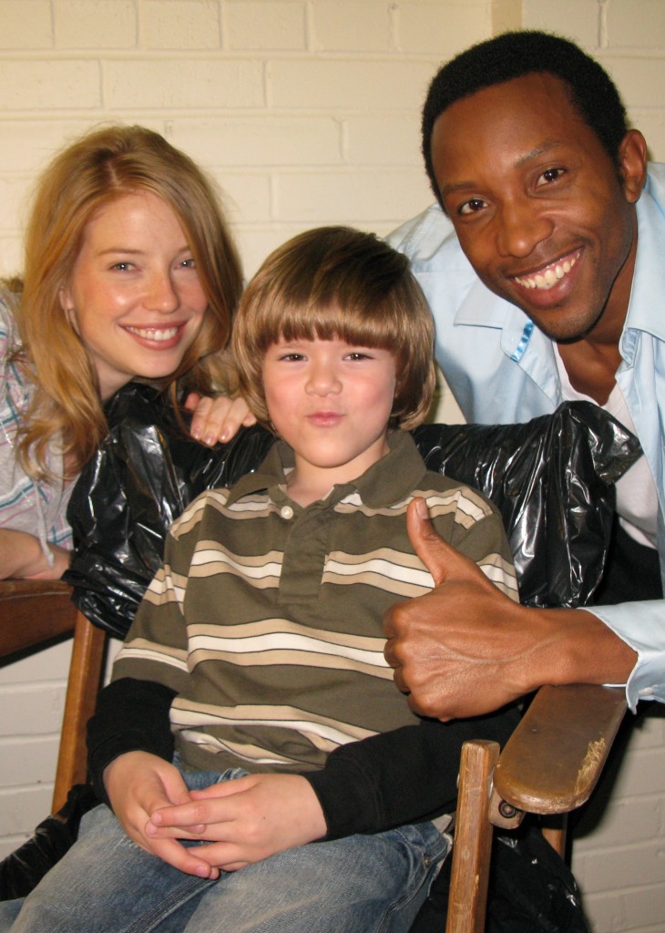 Joanna Douglas (left), Richard Davis and K.C. Collins (right) and on set of "A Family Way"