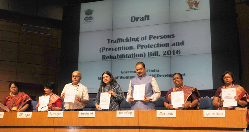 The Union Minister for Women and Child Development, Mrs. Maneka Sanjay Gandhi releasing the Draft Trafficking of Persons (Prevention, Protection and Rehabilitation) Bill, 2016, in New Delhi on May 30, 2016. The Secretary, Ministry of Women and Child Development, Mr. V. Somasundaran, the Director General (M&C), Press Information Bureau, Mr. A.P. Frank Noronha and other dignitaries are also seen.
