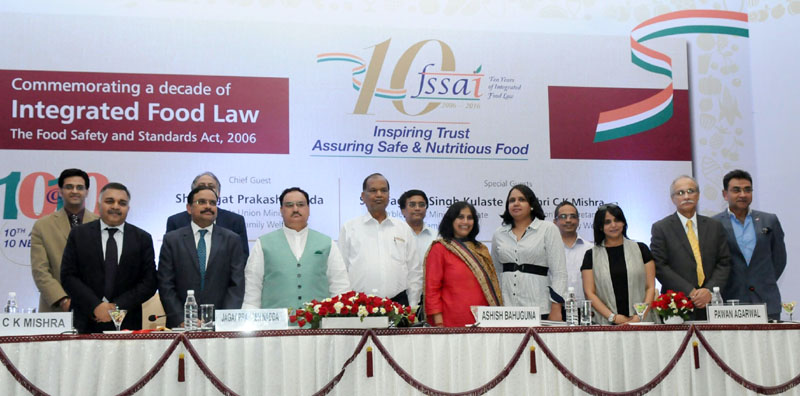 The Union Minister for Health & Family Welfare, Mr. J.P. Nadda at the commemorative event to mark a decade of Integrated Food Law: The Food Safety and Standard Act, 2006, in New Delhi on August 22, 2016.The Secretary (Health), Mr. C.K. Mishra and other dignitaries are also seen.