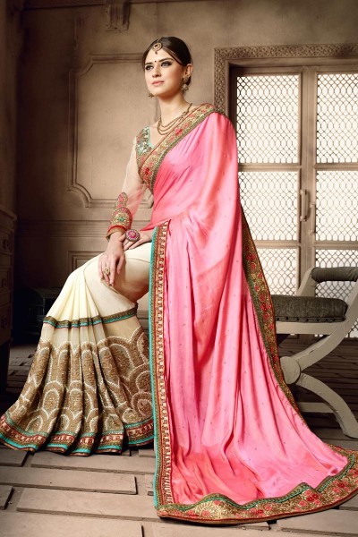 Luring Embroidered Banarasi Designer Saree in Pink-Cream Color by KalaNiketan
