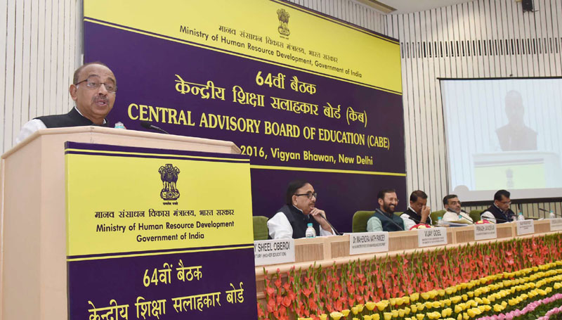 The Minister of State for Youth Affairs and Sports (I/C), Water Resources, River Development and Ganga Rejuvenation, Mr. Vijay Goel addressing at the 64th Meeting of Central Advisory Board of Education (CABE), in New Delhi on October 25, 2016. The Union Minister for Human Resource Development, Mr. Prakash Javadekar, the Minister of State for Skill Development & Entrepreneurship (Independent Charge) and Parliamentary Affairs, Mr. Rajiv Pratap Rudy, the Minister of State for Human Resource Development, Dr. Mahendra Nath Pandey, the Minister of State for Human Resource Development, Mr. Upendra Kushwaha and the CEO, NITI Aayog, Mr. Amitabh Kant are also seen.