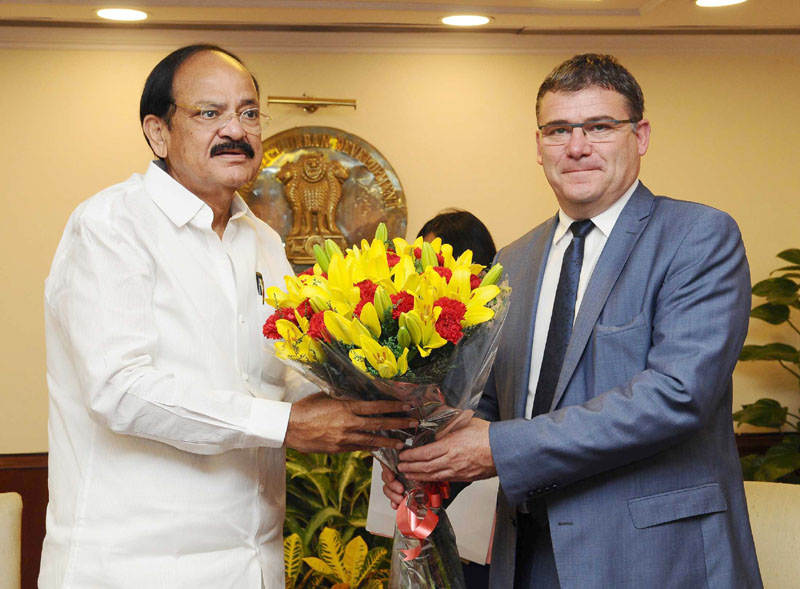 The French Minister of State for Industry, Mr. Christophe Sirugue calling on the Union Minister for Urban Development, Housing & Urban Poverty Alleviation and Information & Broadcasting, Mr. M. Venkaiah Naidu, in New Delhi on October 25, 2016.