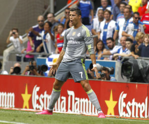 Cristiano Ronaldo of Real Madrid celebrating a goal during a Spanish League match against RCD Espanyol at the Power8 stadium on September 12 2015 in Barcelona Spain